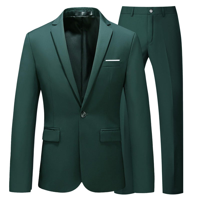 UNINUKOO Mens Suit Slim Fit 1 Button 2 Piece Wedding Party Holiday Solid Color Tux Suits for Men US Size 42 Dark Green - Image 1